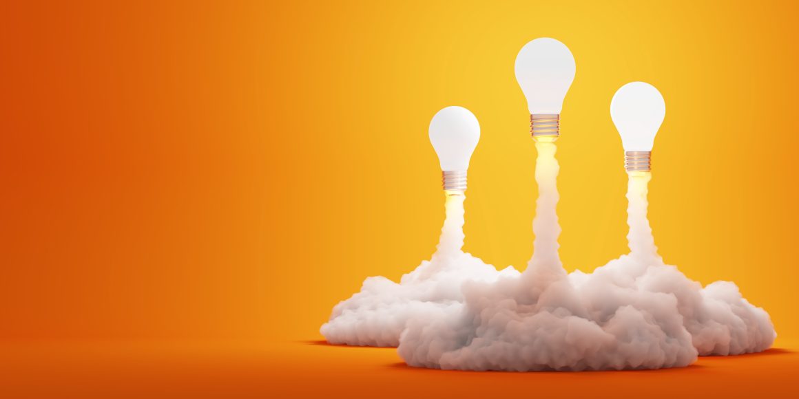 Lightbulbs blasting off to illustrate ideas