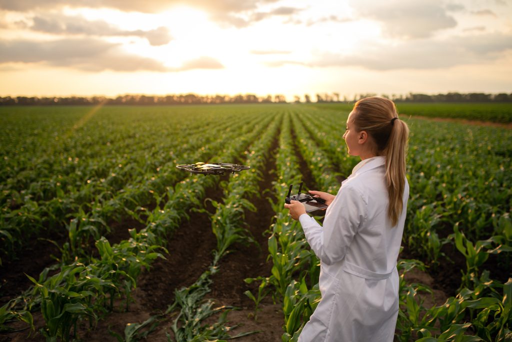 woman flying drone over a field of crops for inspection