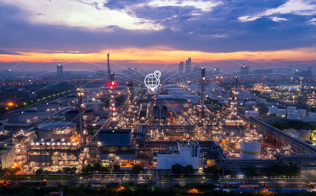 Industrial instruments in the factory with cyber and physical system icons ,Internet of things network,smart factory solution.Industry 4.0 concept image.