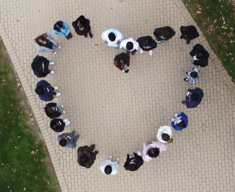 Young girls form a heart; image taken by a drone from an aerial view.
