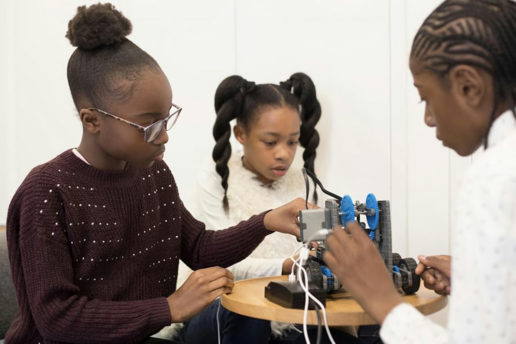 Elementary school students working on an engineering project.